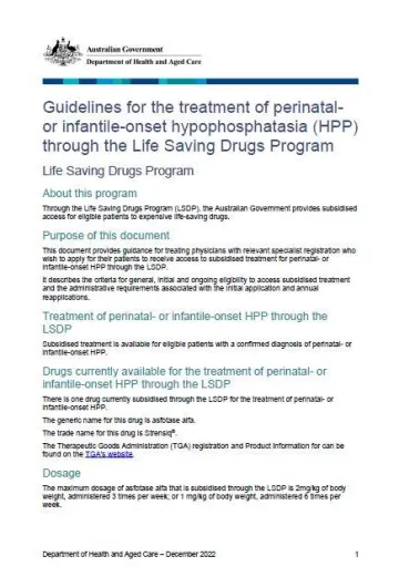 Cover page Life saving drug program perinatal or infantile onset hypophosphatasia HPP guidelines