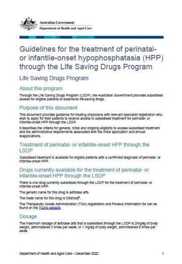 Cover page Life saving drug program perinatal or infantile onset hypophosphatasia HPP guidelines
