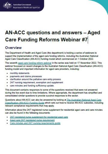 Cover page for the AN-ACC questions and answers – Aged Care Funding Reforms Webinar #7
