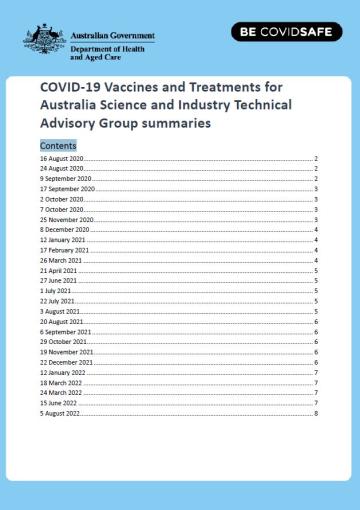 Cover page The COVID-19 Vaccines and Treatments for Australia – Science and Industry Technical Advisory Group summaries