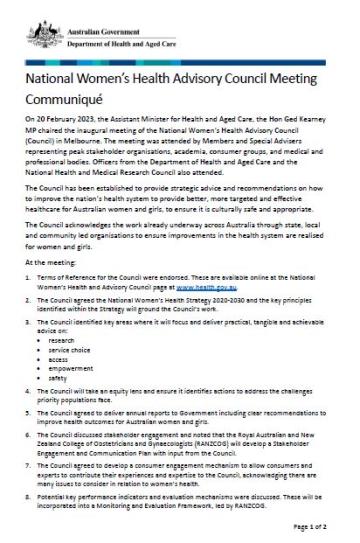 Cover page National Women’s Health Advisory Council communique – 20 February 2023