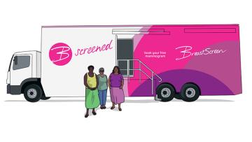 Three Aboriginal women standing in front of pink van that says B screened and book your free mammogram