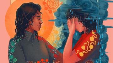Aboriginal woman with the sun behind her looking caring and reaching out to another Aboriginal woman who is in despair with clouds and rain on her head