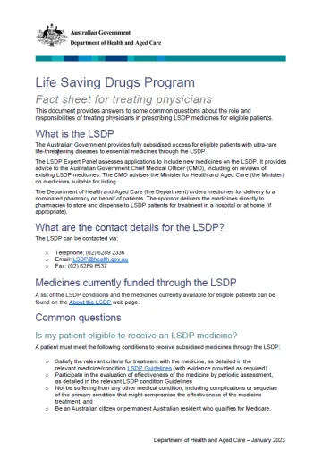 Life Saving Drugs Program – Fact sheet for treating physicians