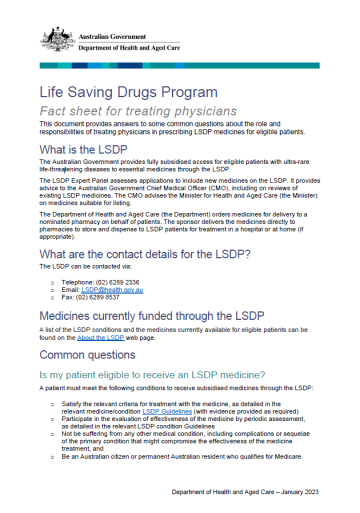 Life Saving Drugs Program – Fact sheet for treating physicians