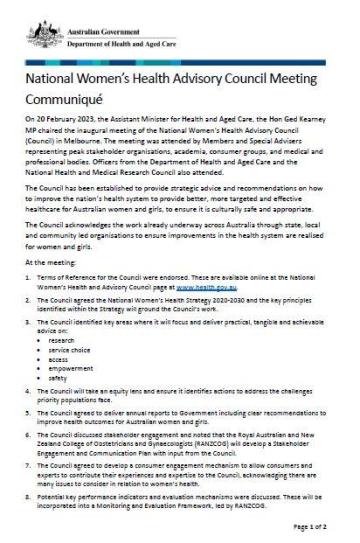 National Women’s Health Advisory Council – Communiques