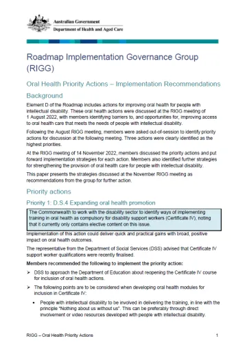 Oral Health Priority Actions – Implementation Recommendations