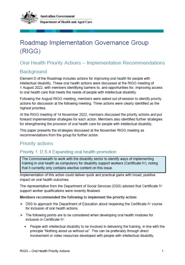 Oral Health Priority Actions – Implementation Recommendations