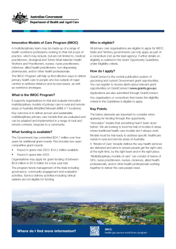 Innovative Models of Care (IMOC) Program - Fact sheet