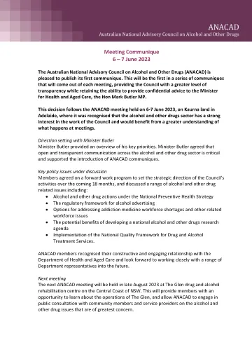 Australian National Advisory Council on Alcohol and Other Drugs – Communiques
