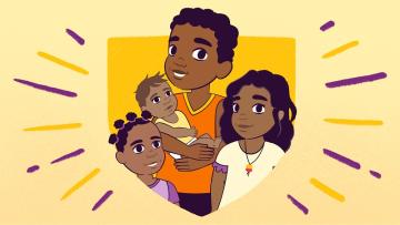 Drawing of 4 Aboriginal children, including a baby being held by an older boy