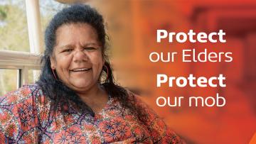 Aboriginal woman with words Protect our elders. Protect our mob.
