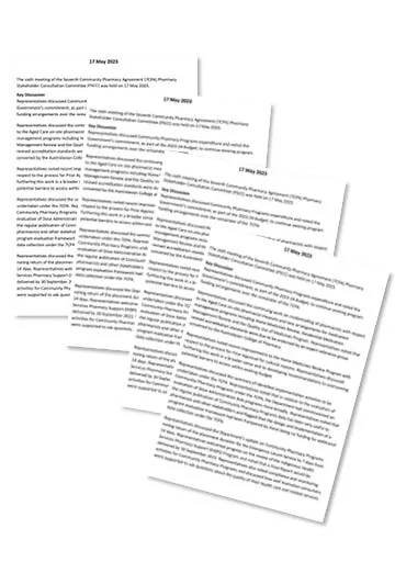 Pharmacy Stakeholder Consultation Committee – Terms of reference, communiques and implementation activities