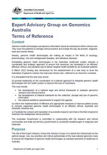 Expert Advisory Group on Genomics Australia – Terms of Reference