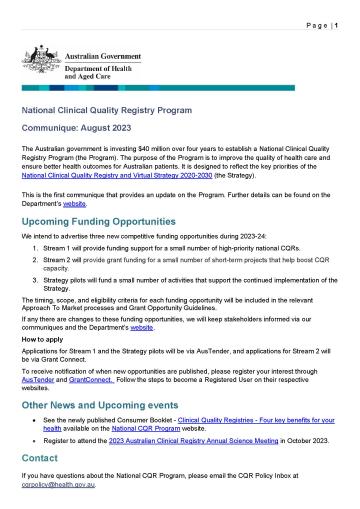 National Clinical Quality Registry Program – Communique, August 2023