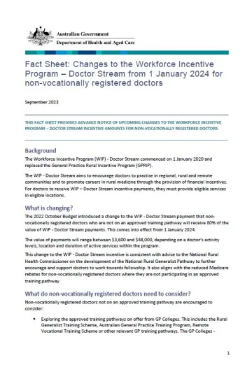 Changes to the Workforce Incentive Program – Doctor Stream from 1 January 2024 for non-vocationally registered doctors - Fact Sheet