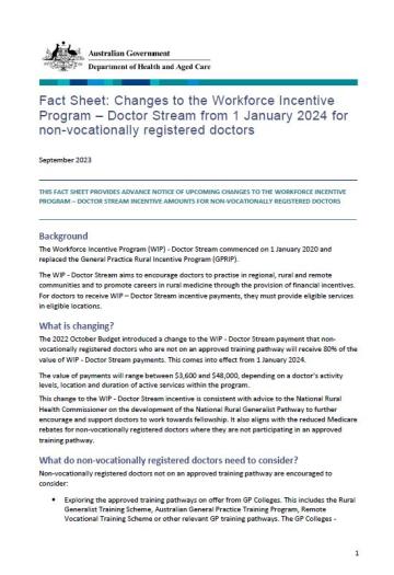 Changes to the Workforce Incentive Program – Doctor Stream from 1 January 2024 for non-vocationally registered doctors - Fact Sheet