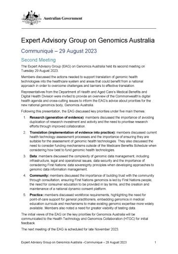 Expert Advisory Group on Genomics Australia communiques
