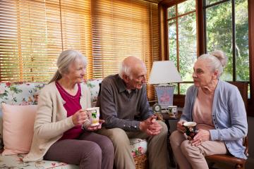 Image of 3 older people sitting on sofas and chatting