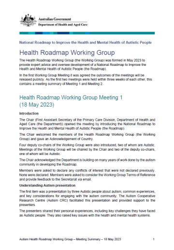 Health Roadmap Working Group meeting summaries