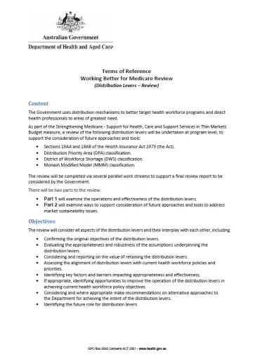 Terms of reference – Working Better for Medicare Review