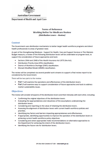 Terms of reference – Working Better for Medicare Review