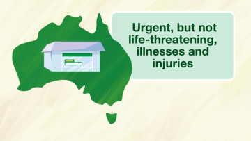 Image of Australia with a Medicare UCC building in the centre, and call out text Urgent, but not life threatening, illnesses and injuries
