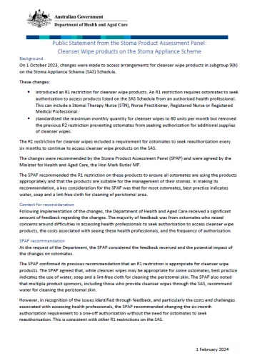 Stoma Product Assessment Panel – Public Statement – Cleanser Wipes cover page