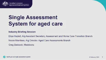 cover slide from the presentation on Single Assessment System for aged care