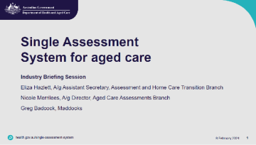 cover slide from the presentation on Single Assessment System for aged care