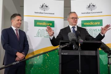 Minister for Health Mark Butler and Prime Minister Anthony Albanese celebrating 40 Years of Medicare at Australian Parliament House in Canberra, February 2024