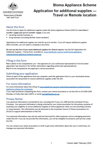 Stoma Appliance Scheme – Application form for additional supplies – Travel or remote location