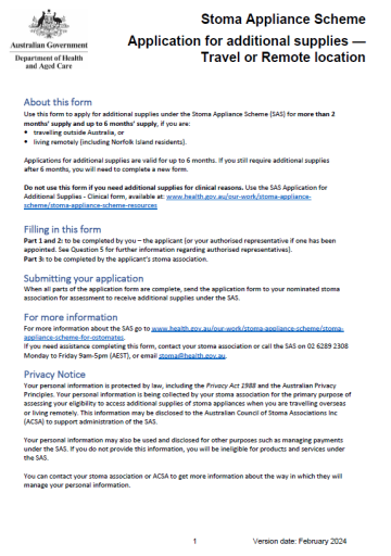 Stoma Appliance Scheme – Application form for additional supplies – Travel or remote location
