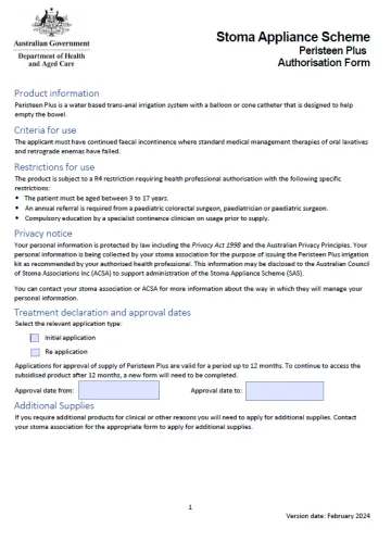 Stoma Appliance Scheme – Peristeen Plus authorisation form