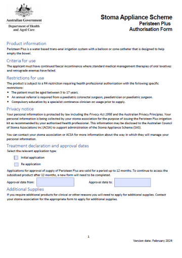 Stoma Appliance Scheme – Peristeen Plus authorisation form