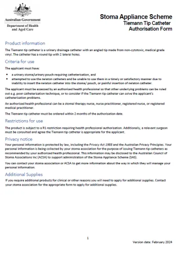 Stoma Appliance Scheme – Tiemann tip catheter authorisation form