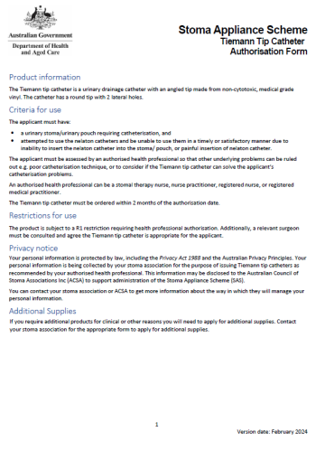 Stoma Appliance Scheme – Tiemann tip catheter authorisation form