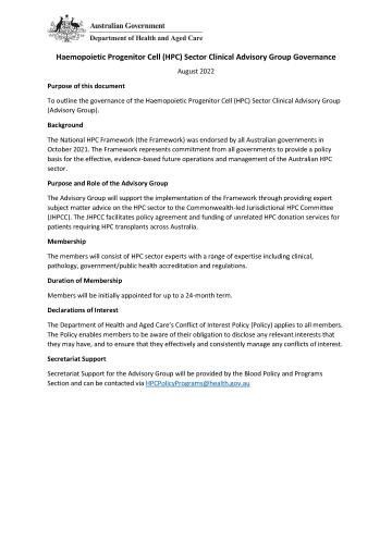 Haemopoietic Progenitor Cell (HPC) Sector Clinical Advisory Group Governance