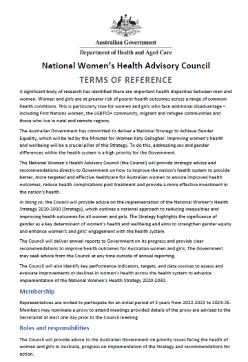 Cover page for the National Women’s Health Advisory Council – Terms of reference