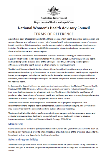 Cover page for the National Women’s Health Advisory Council – Terms of reference