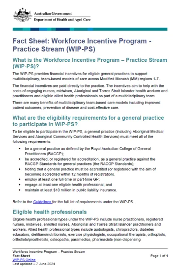 Page 1 of the fact sheet Workforce Incentive Program – Practice Stream (WIP-PS)