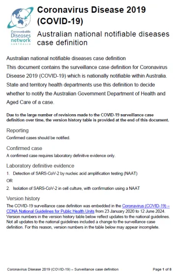 Coronavirus Disease 2019 (COVID-19) – Surveillance case definition