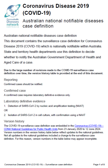 Coronavirus Disease 2019 (COVID-19) – Surveillance case definition
