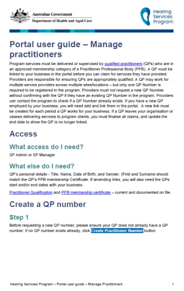 Screen capture of the cover page for Hearing Services Program portal user guide – Manage practitioners