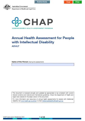 Cover page for the Adult Comprehensive Health Assessment Program (CHAP) – Annual Health Assessment for People with Intellectual Disability form