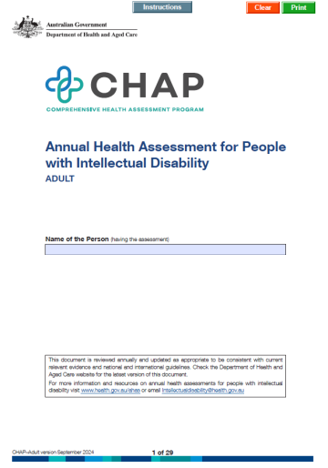 Cover page for the Adult Comprehensive Health Assessment Program (CHAP) – Annual Health Assessment for People with Intellectual Disability form