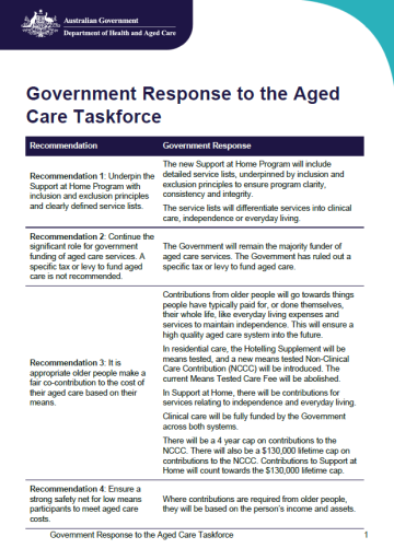 Government response to the Aged Care Taskforce
