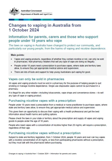 Changes to vaping in Australia from 1 October 2024 – fact sheet for parents and carers