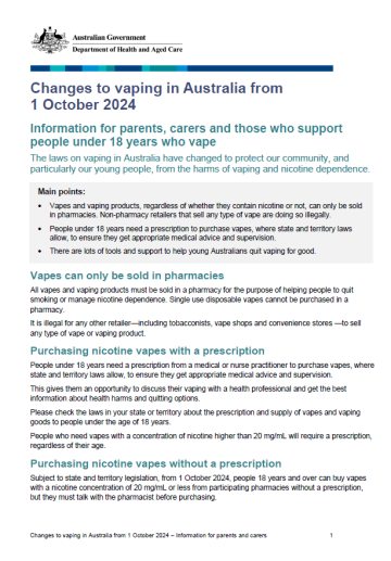 Changes to vaping in Australia from 1 October 2024 – fact sheet for parents and carers