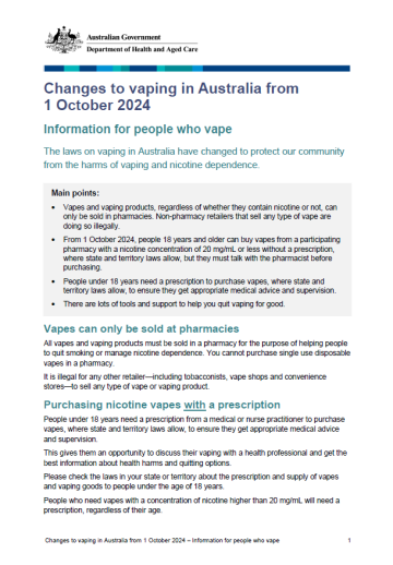 Changes to vaping in Australia from 1 October 2024 – Fact sheet for people who vape